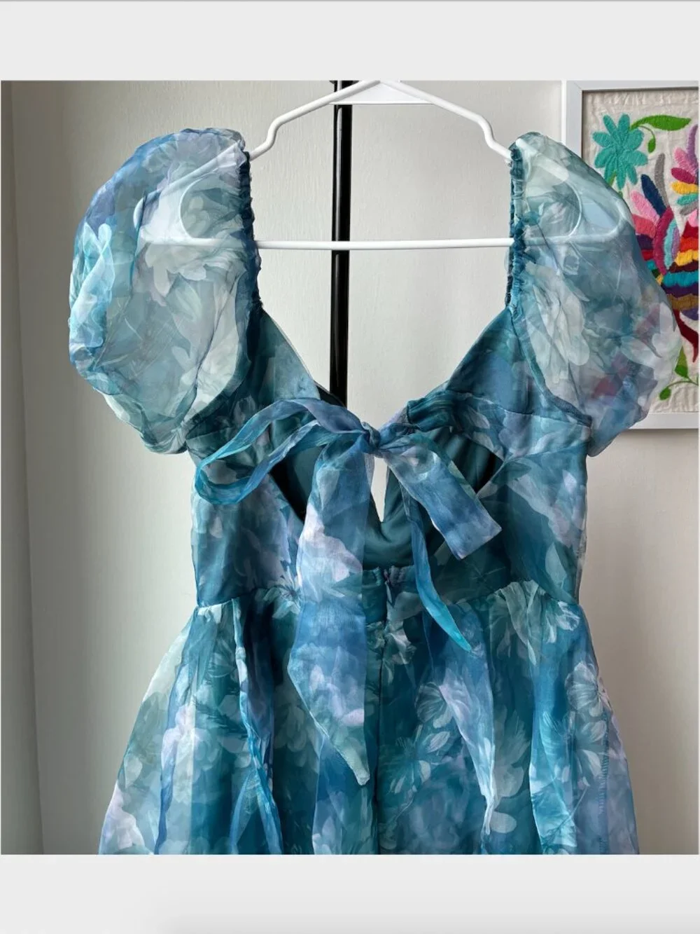 Lulus Lovely Statement Teal Blue Floral Organza Tie-Back Midi Dress - Size M - Picture 8 of 16